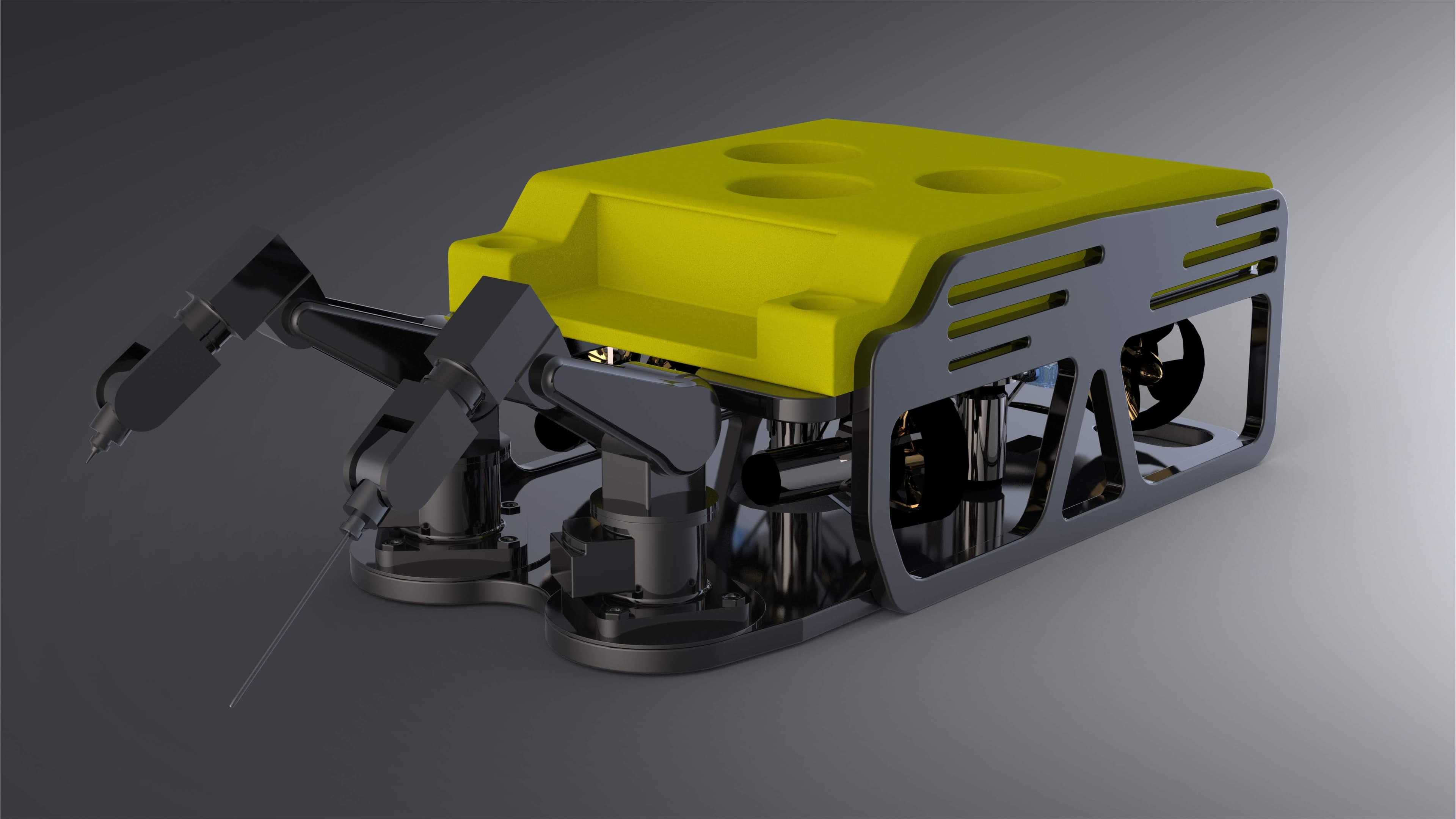 Otonom sualtı kaynak ve muayene ROV’unun CAD render’ı: sarı yüzdürme gövdesi, krom şasi, iticiler ve uçlarında kaynak torcu ile daldırma probu taşıyan iki robot kol