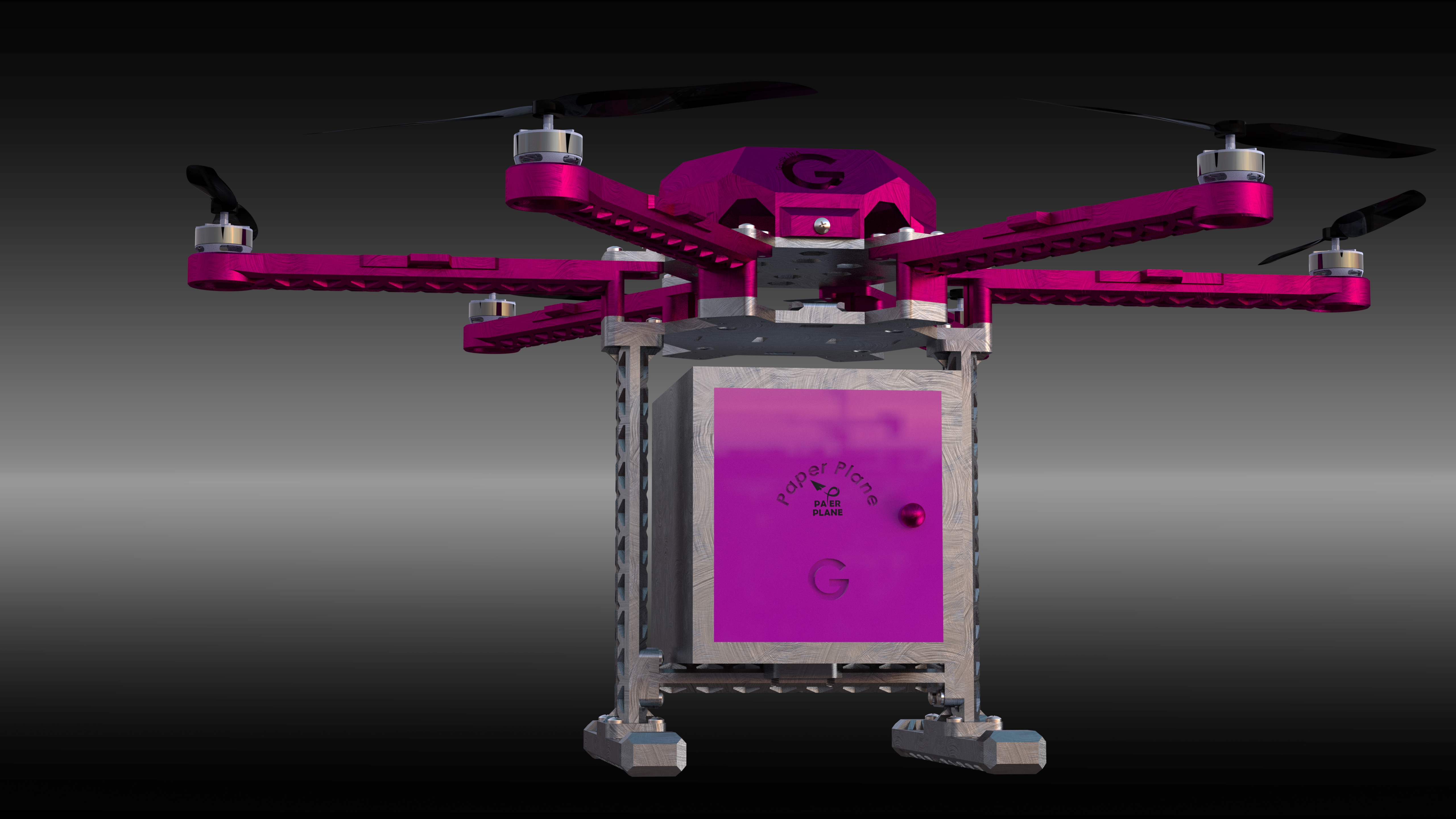 Paper Plane kargo insansız hava aracının farklı açıdan CAD render görüntüsü: pembe gövde, alt kargo modülü ve kanat kolları